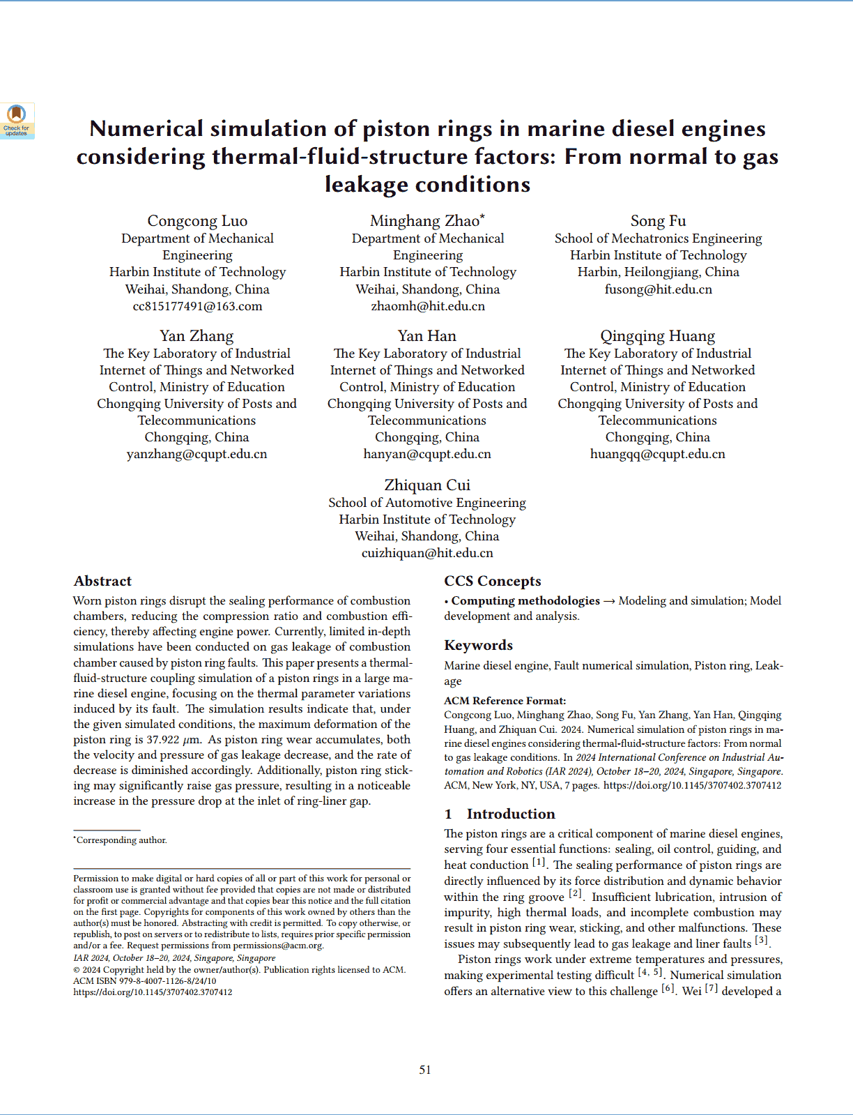 Numerical simulation of piston rings in marine diesel engines considering thermal-fluid-structure factors: From normal to gas leakage conditions